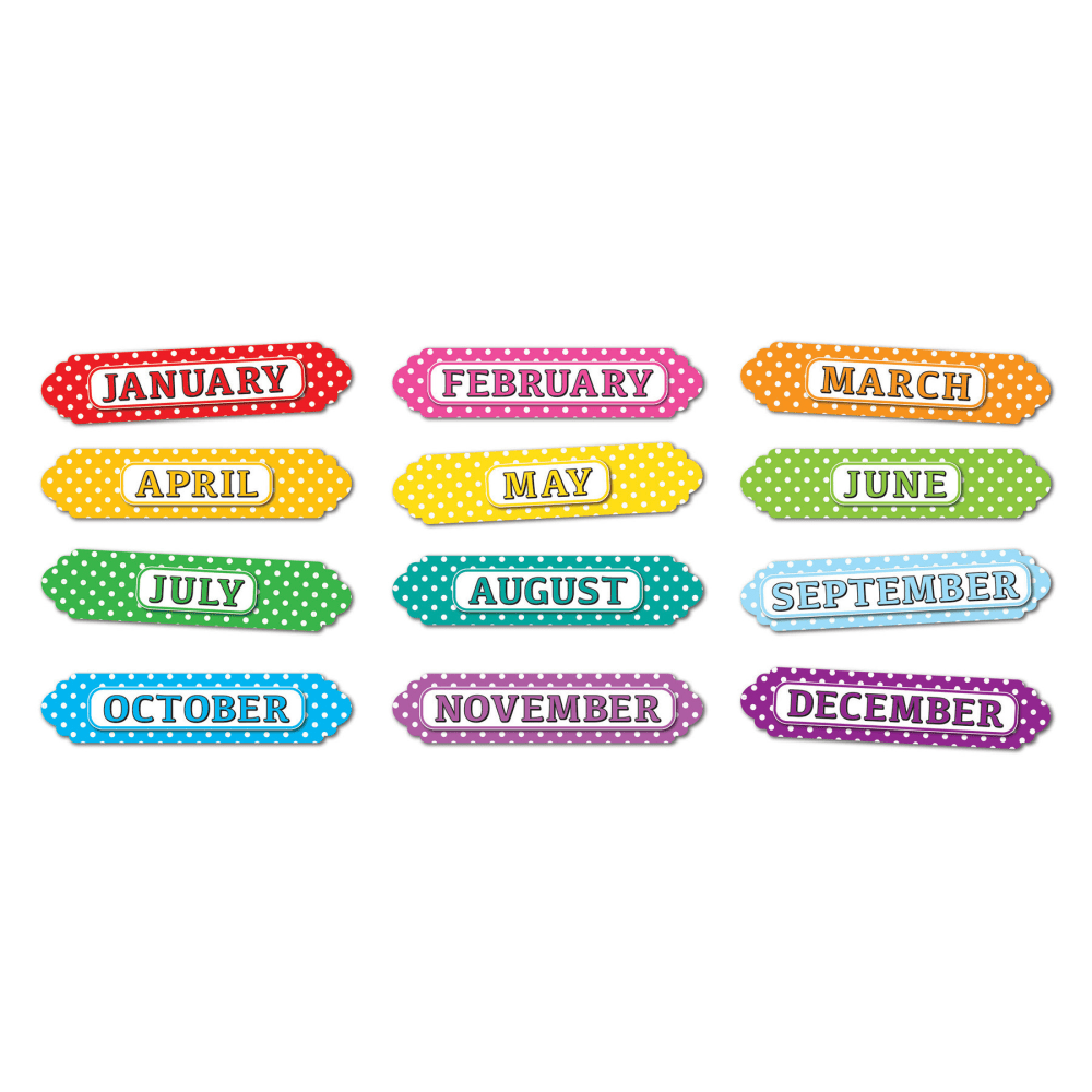 Ashley Productions Magnetic Die-Cut Timesavers & Labels, Months Of The Year, White Polka Dots/Assorted Colors, 12 Pieces Per Pack, Set Of 3 Packs