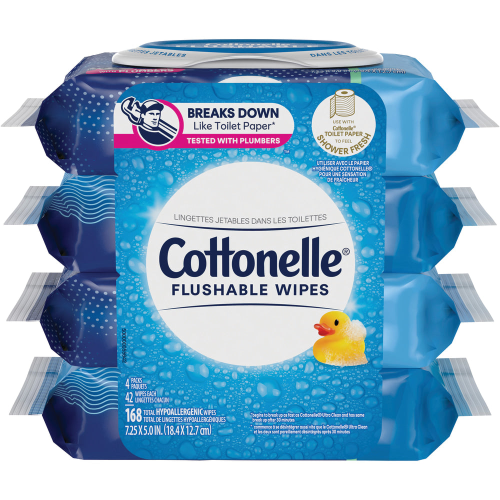 Cottonelle Flushable Wipes, 7-1/4in x 7-1/4, White, 168 Sheets Per Carton, Set Of 4 Cartons