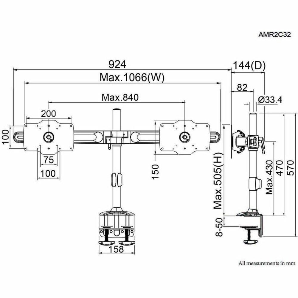 Amer AMR2C32 Clamp Mount for Monitor - Landscape/Portrait - TAA Compliant - Height Adjustable - 2 Display(s) Supported - 32in Screen Support - 27 lb Load Capacity - 75 x 75, 100 x 100, 200 x 200 - VESA Mount Compatible