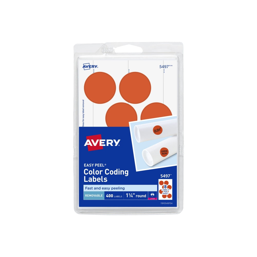 Avery Removable Print Or Write Color Coding Labels For Laser Printers, 5497, Round, 1-1/4in Diameter, Neon Red, Pack Of 400 Labels