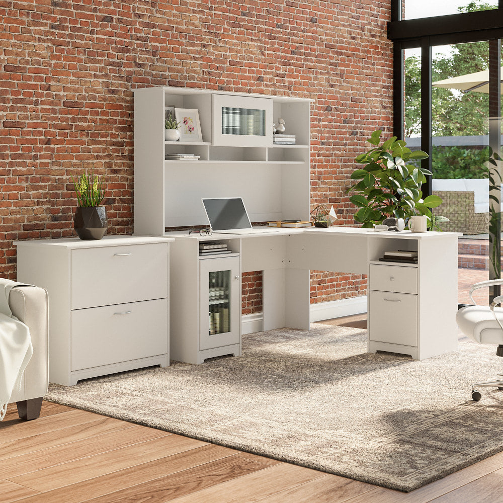 Bush Business Furniture Cabot 60inW L-Shaped Corner Desk With Hutch And Lateral File Cabinet, White, Standard Delivery