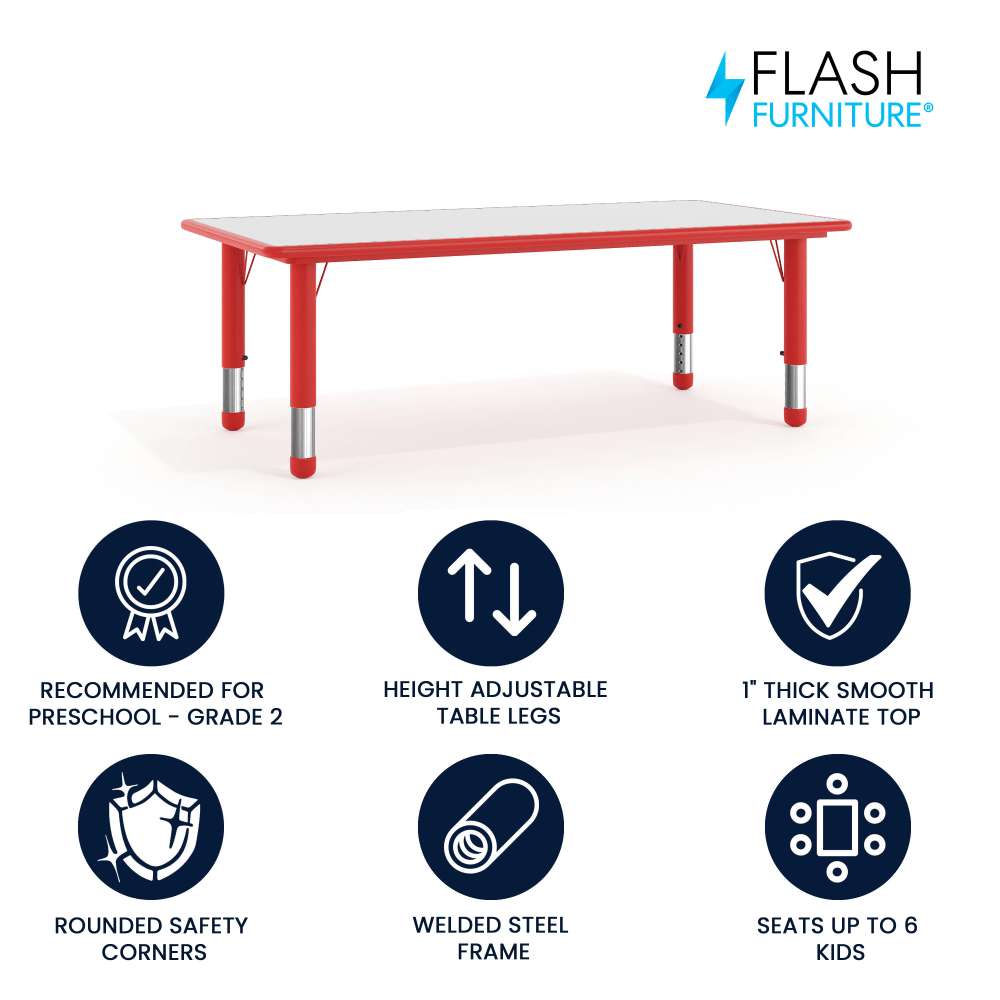 Flash Furniture Height-Adjustable Activity Table, 23-1/2inH x 23-5/8inW x 47-1/4inD, Gray/Red