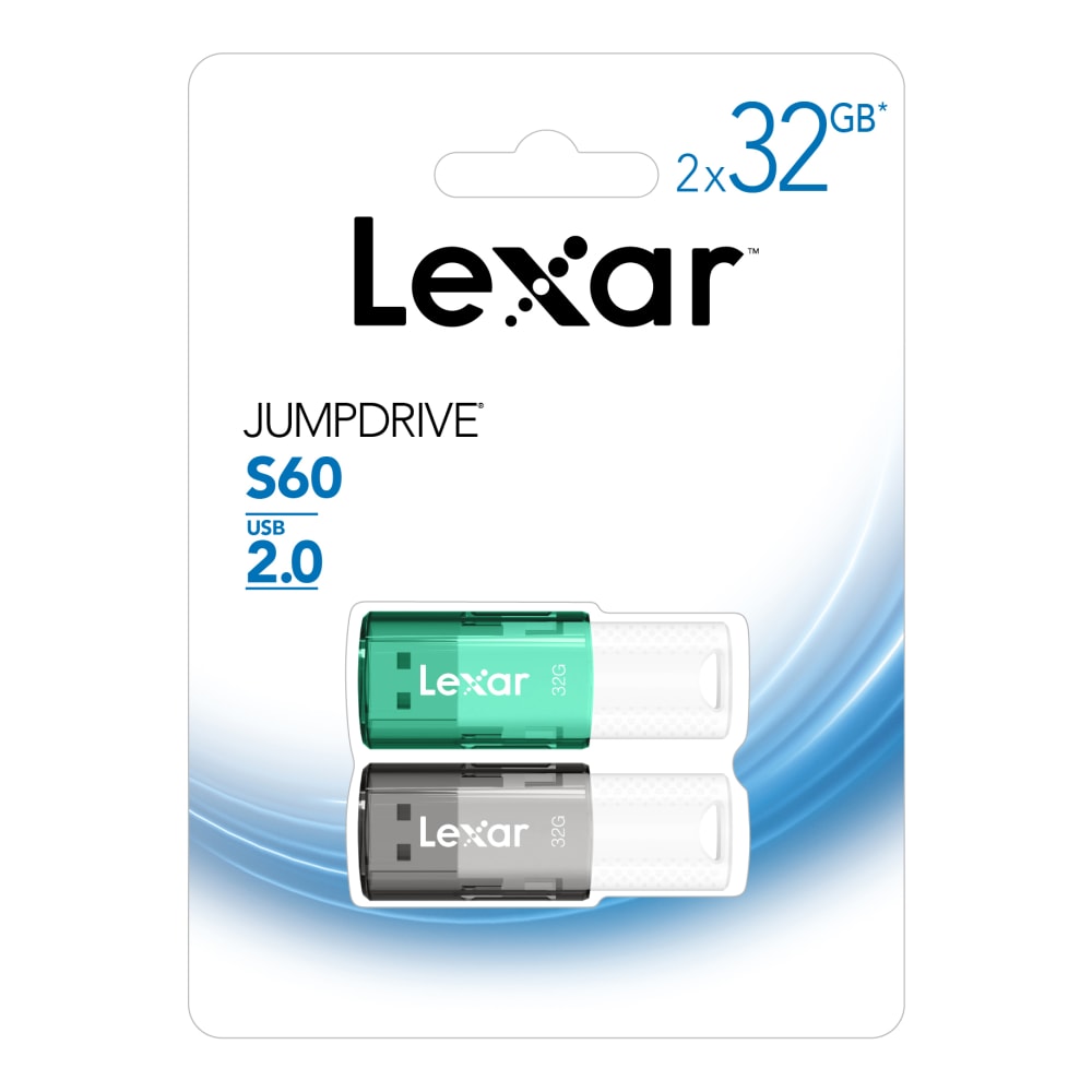 Lexar JumpDrive S60 USB 2.0 Flash Drives, 32GB, Black/Teal, Pack Of 2 Flash Drives, LJDS60-32GB2NNU