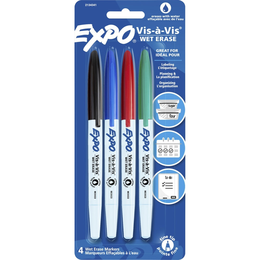 EXPO Vis-A-Vis Wet-Erase Markers, Fine Point, White Barrels, Assorted Ink Colors, Pack Of 4 Markers