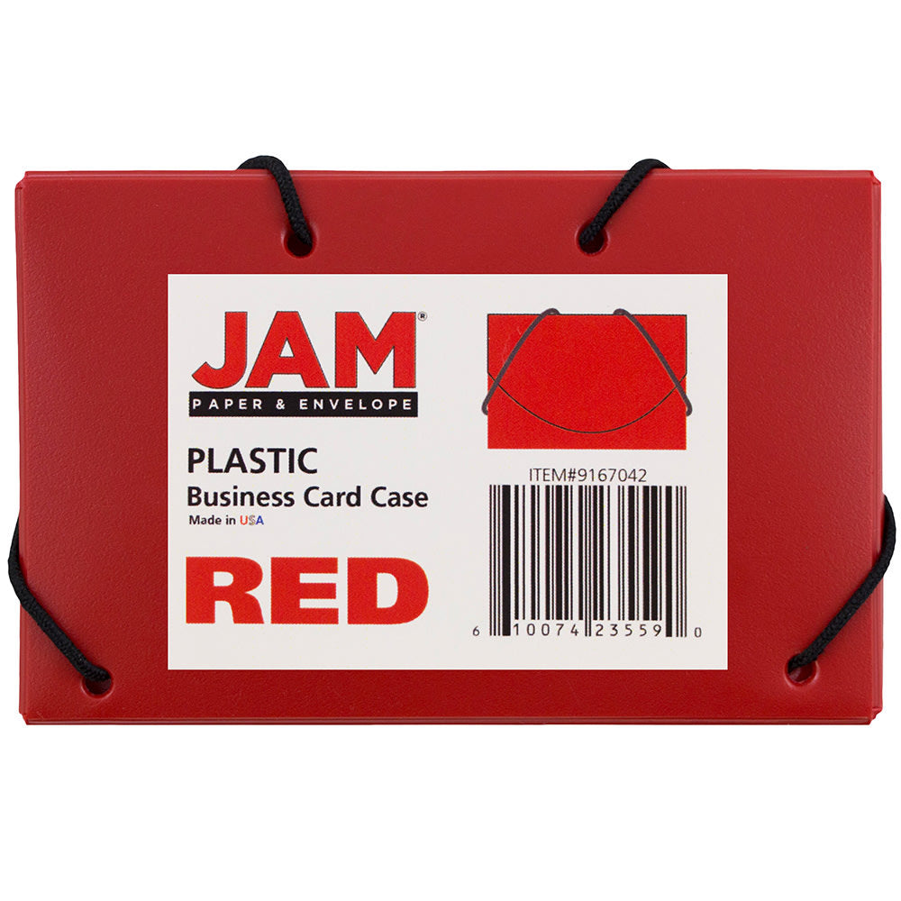 JAM Paper Plastic Business Card Case With Round Flap, 3 1/2in x 2 1/4in x 1/4in, Red