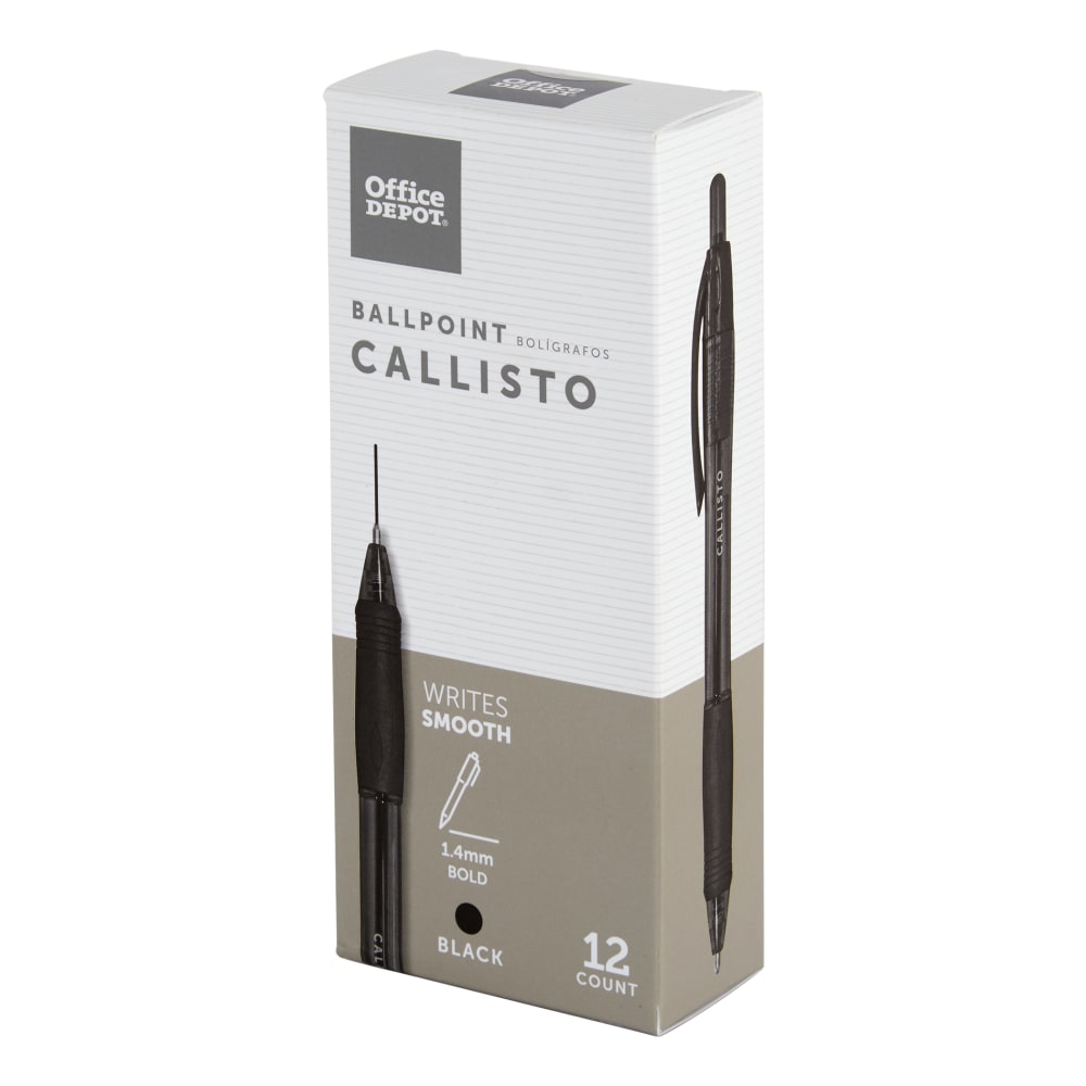 Office Depot Brand Callisto Soft-Grip Retractable Ballpoint Pens, Bold Point, 1.4 mm, Clear Barrel, Black Ink, Pack Of 12