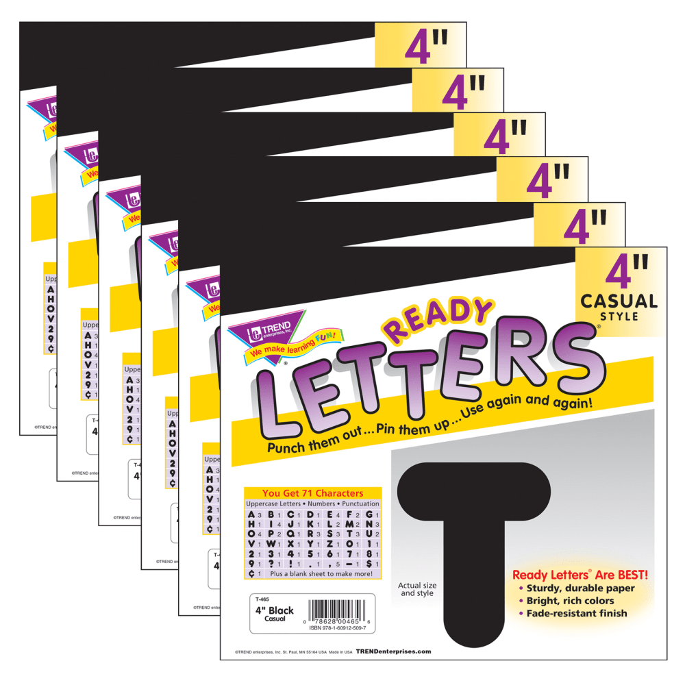 TREND Ready Letters, 4in, Casual Uppercase, Black, Set Of 6 Packs