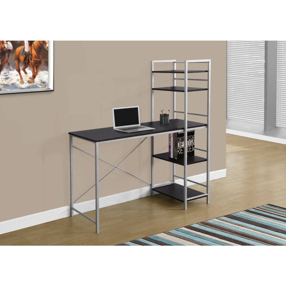 Monarch Specialties 48inW Metal Computer Desk With Bookcase, Cappuccino/Silver