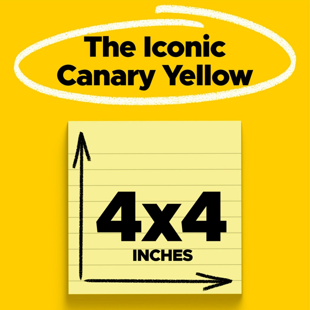 Post-it Super Sticky Notes, 4 in x 4 in, 6 Pads, 90 Sheets/Pad, 2x the Sticking Power, Canary Yellow, Lined