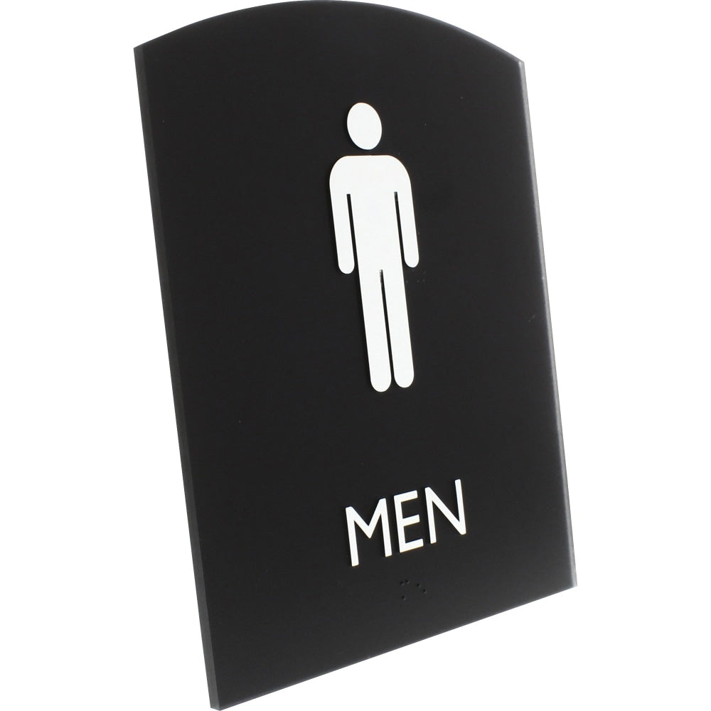 Lorell Arched Mens Restroom Sign - 1 Each - Men Print/Message - 6.8in Width x 8.5in Height - Rectangular Shape - Surface-mountable - Easy Readability, Braille - Plastic - Black