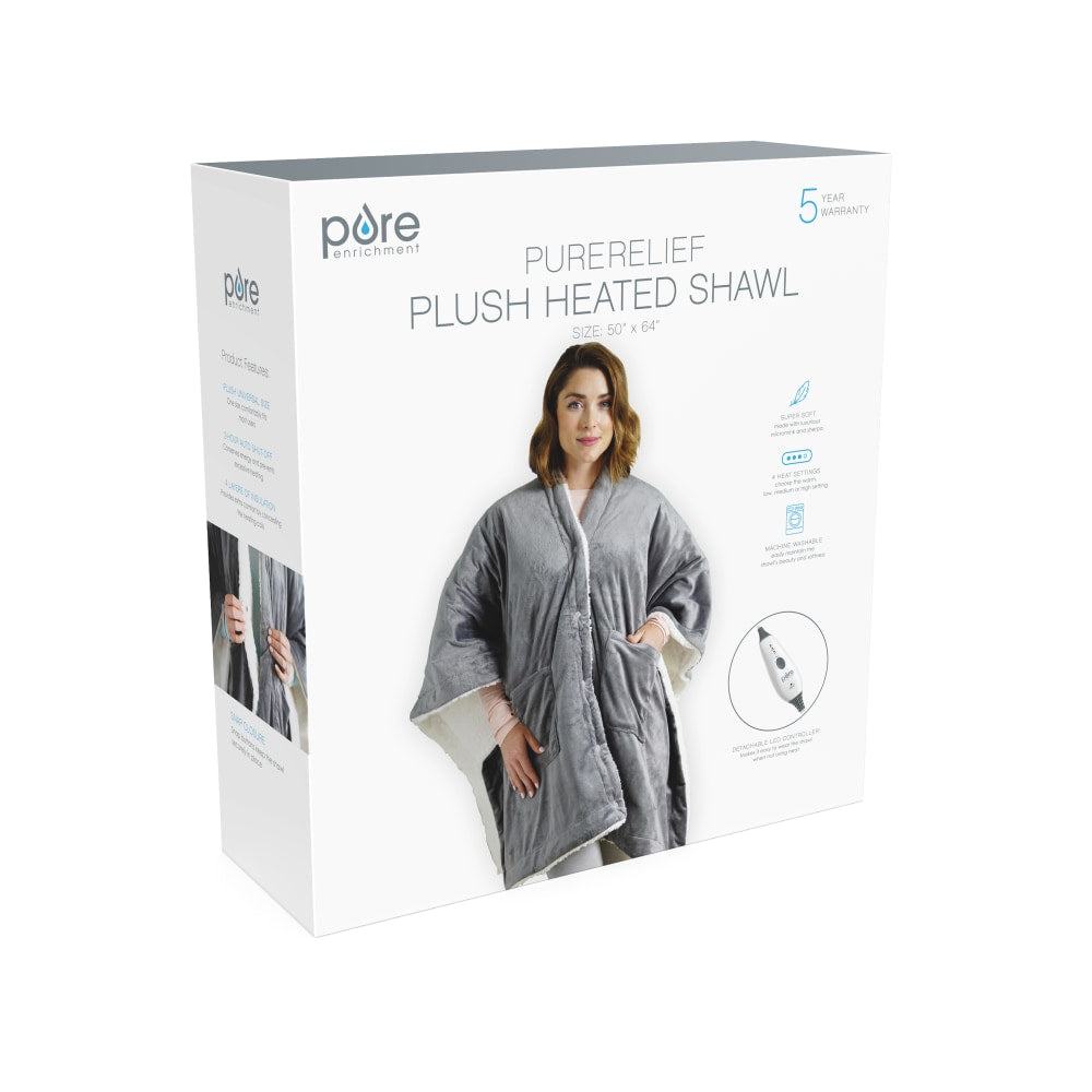 Pure Enrichment PureRelief Plush Heated Shawl, 50in x 64in, Gray