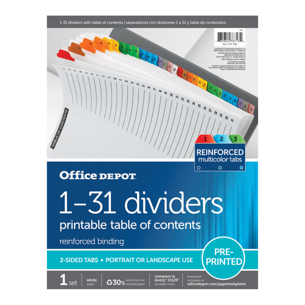 Office Depot Brand Table Of Contents Customizable Index With Preprinted Tabs, Multicolor, Numbered 1-31