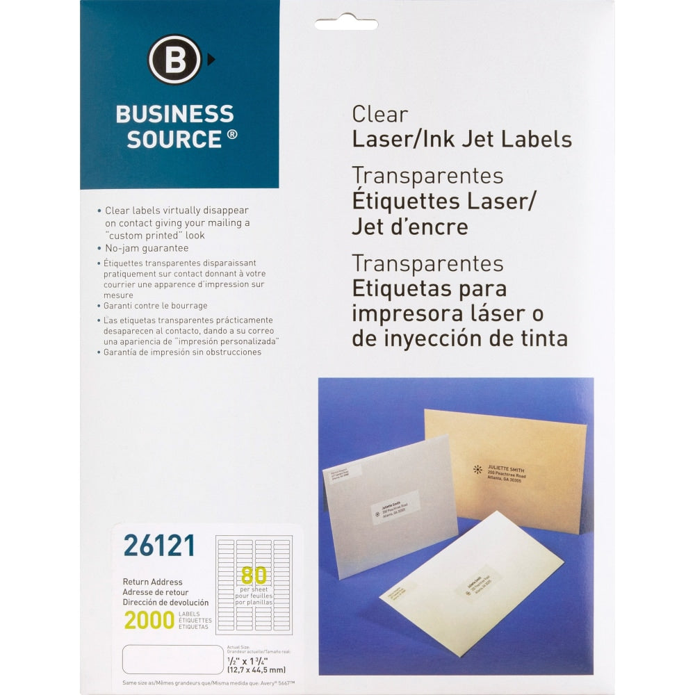 Business Source Clear Return Address Laser Labels - 1/2in Height x 1 3/4in Width - Permanent Adhesive - Rectangle - Laser - Clear - 80 / Sheet - 2000 / Pack - Self-adhesive