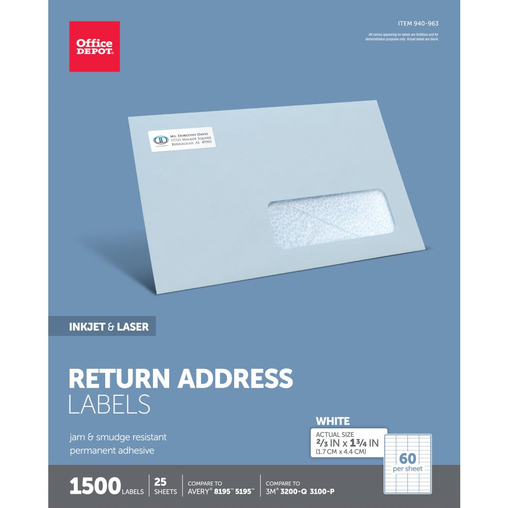 Office Depot Brand Inkjet/Laser Return Address Labels, Rectangle, 2/3in x 1 3/4in, White, Pack Of 1,500