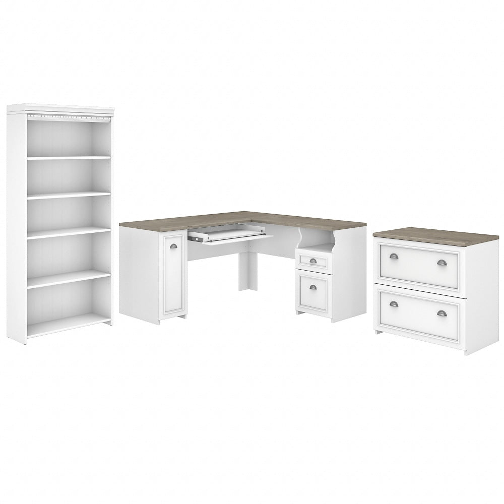 Bush Business Furniture Fairview 60inW L-Shaped Corner Desk With Lateral File Cabinet And 5-Shelf Bookcase, Shiplap Gray/Pure White, Standard Delivery