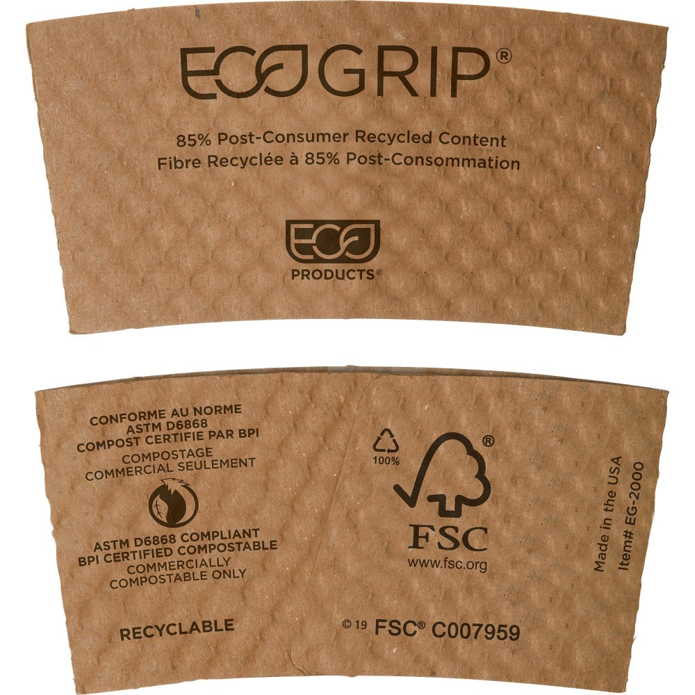 EcoGrip Cup Sleeves For 20-Oz Hot Cups, 100% Recycled, Kraft, Carton Of 1,300