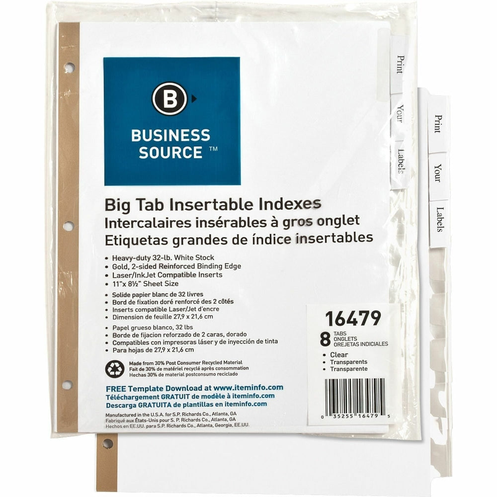 Business Source Tear-resistant Clear Tab Index Dividers - 8 Tab(s) - 8.5in Divider Width x 11in Divider Length - Letter - White Divider - Clear Tab(s) - Recycled - Tear Resistant - 8 / Set