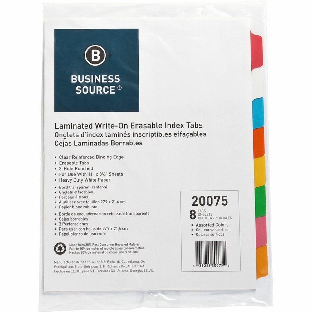 Business Source Laminated Write-On Tab Indexes - 8 Write-on Tab(s) - 8 Tab(s)/Set - 11in Tab Height x 8.50in Tab Width - 3 Hole Punched - Self-adhesive, Removable - Multicolor Mylar Tab(s) - Recycled