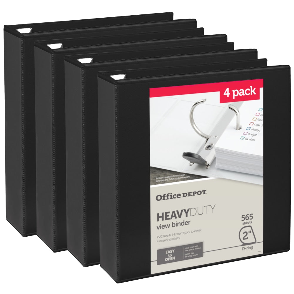 Office Depot Heavy-Duty View 3-Ring Binder, 2in D-Rings, Black, 49% Recycled, Pack Of 4