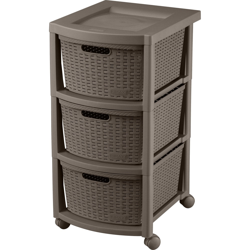 Rimax Plastic 3-Drawer Rolling Storage Cart, 26in x 12in x 15 7/16in, Mocha