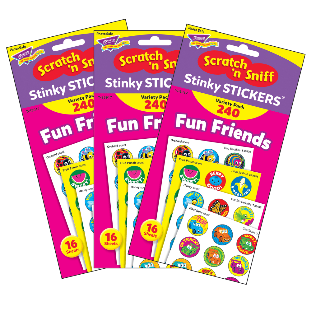 Trend Stinky Stickers, 1in, Fun Friends, 240 Stickers Per Pack, Set Of 3 Packs