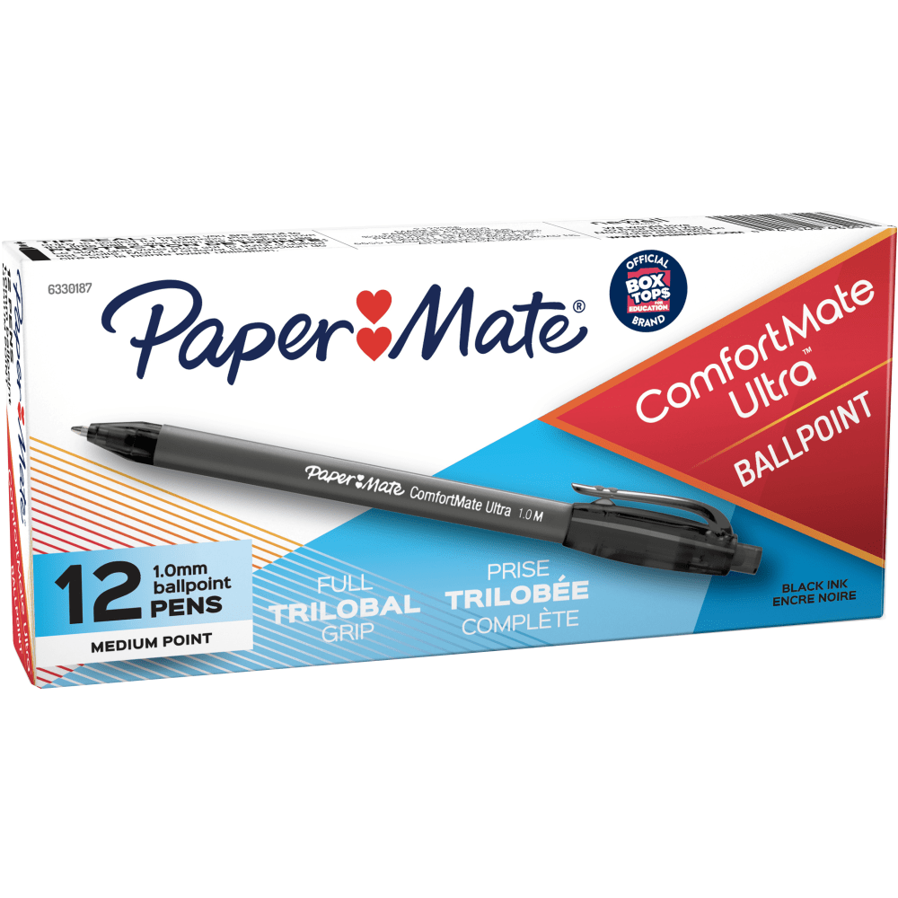 Paper Mate Comfortmate Ultra Retractable Ballpoint Pens, Medium Point, 1.0 mm, Black Barrel, Black Ink, Pack Of 12