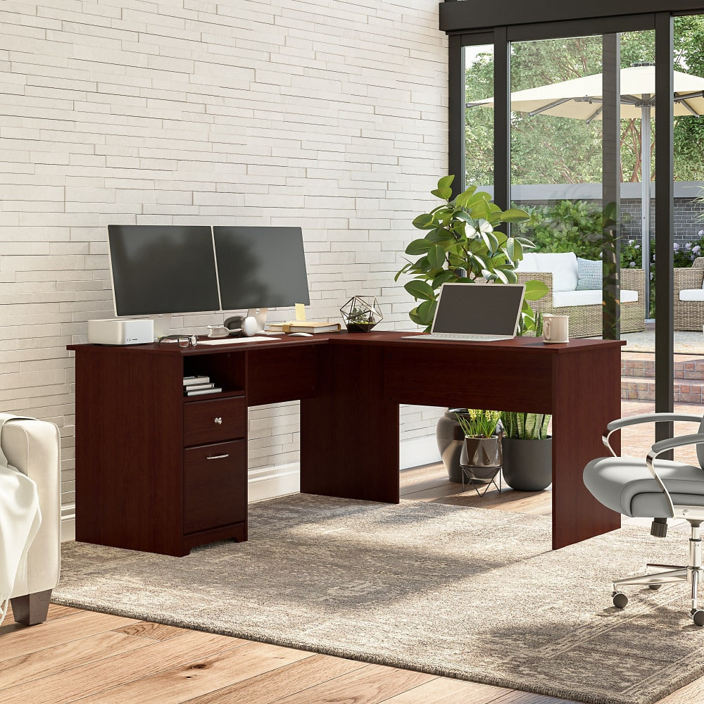 Bush Business Furniture Cabot L 60inW Shaped Corner Desk With Drawers, Harvest Cherry, Standard Delivery