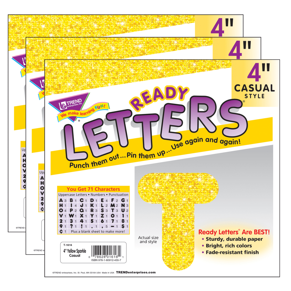 TREND Ready Letters, 4in, Casual Uppercase, Yellow Sparkle, Set Of 3 Packs