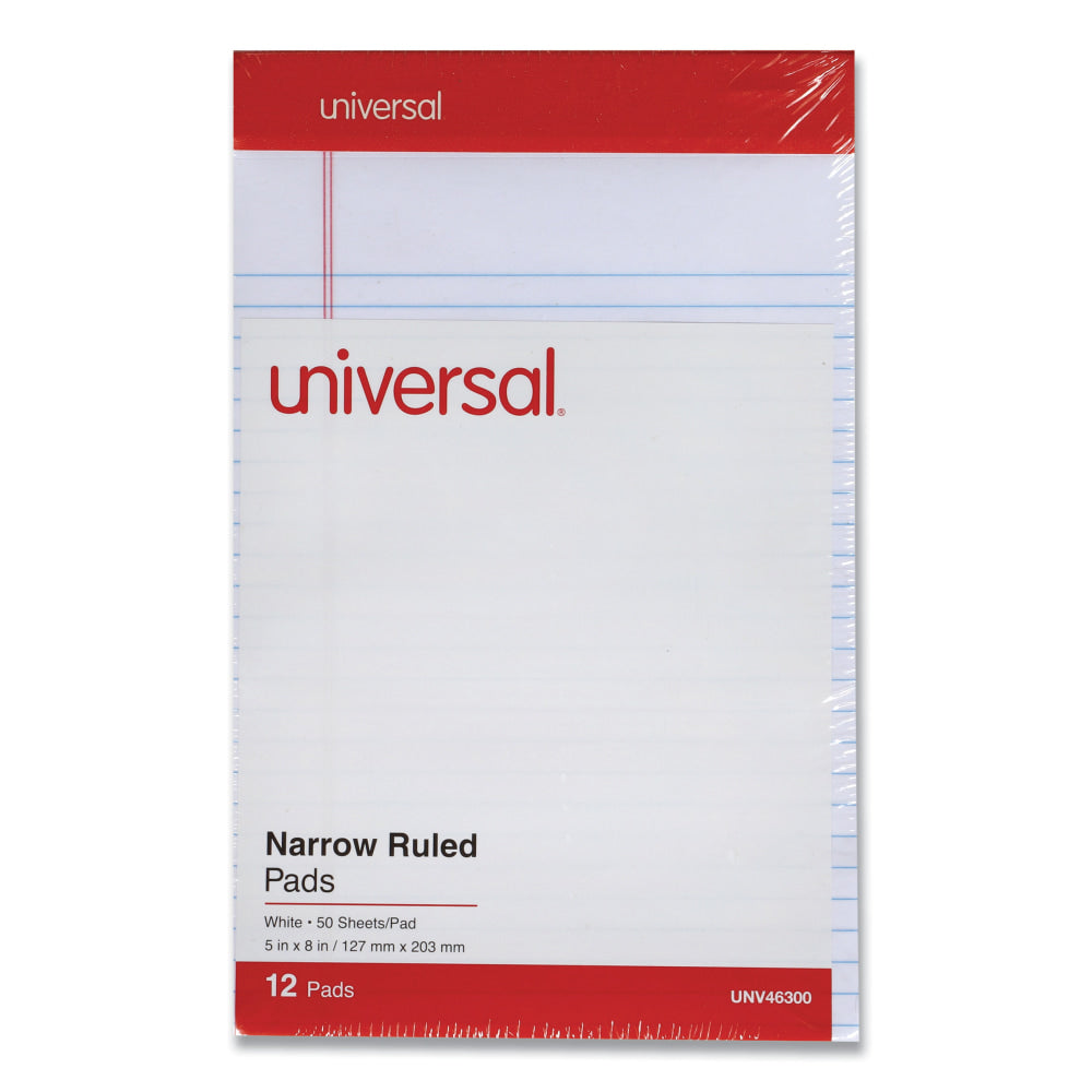 Universal Perforated Ruled Writing Pads, Narrow Rule, 5in x 8in, White, Pack Of 12 Pads