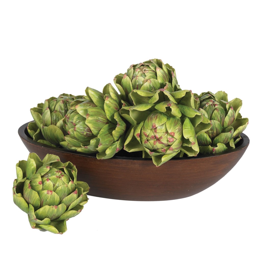 Nearly Natural Polyester Artichokes, 5in, Green/Maroon, Set Of 6 Artichokes