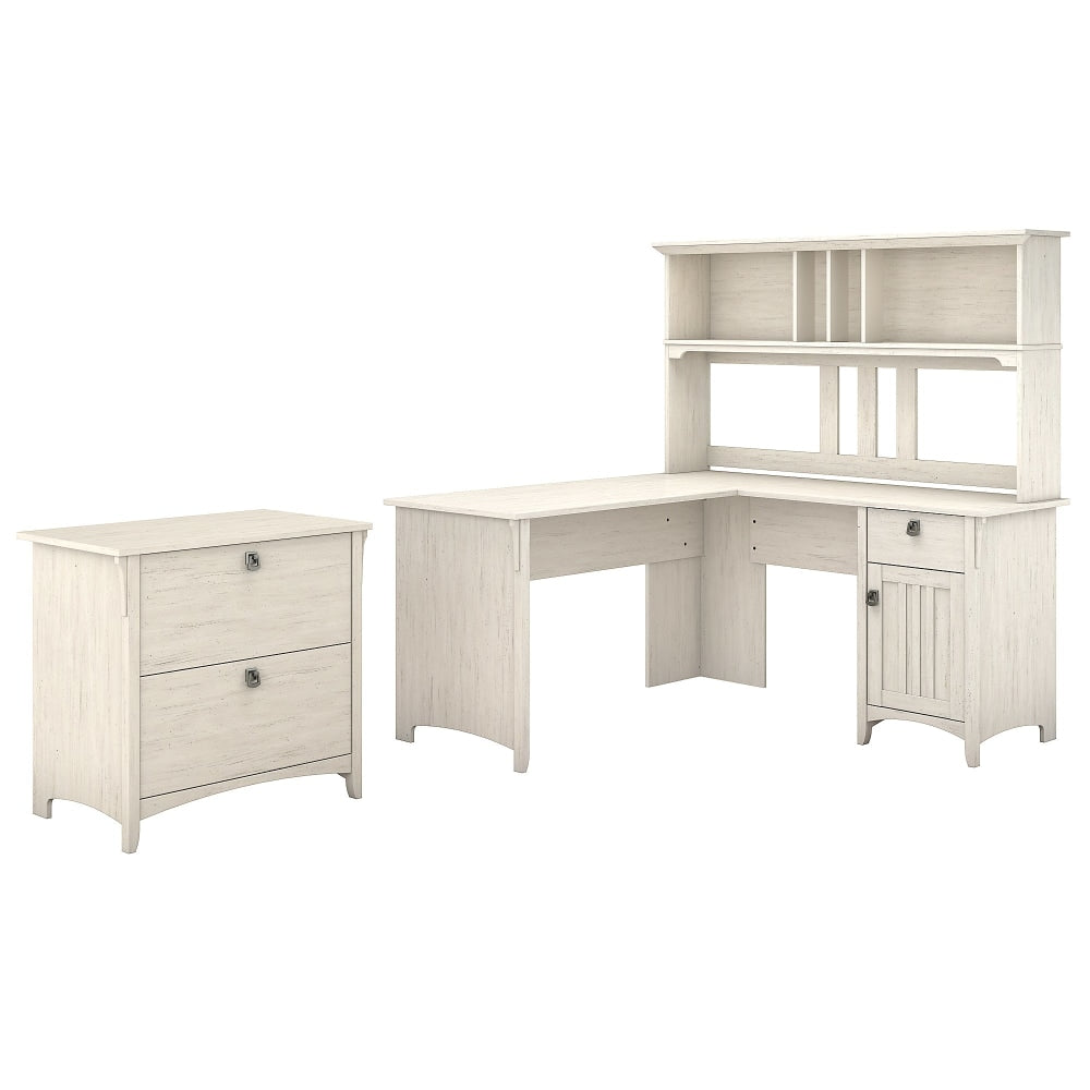 Bush Furniture Salinas 60inW L Shaped Desk with Hutch and Lateral File Cabinet, Antique White, Standard Delivery