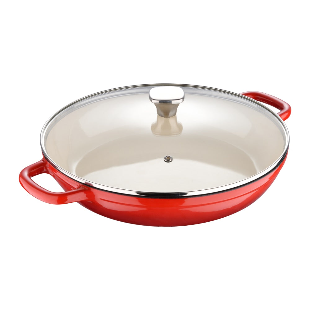 Masterpro Bergner 3.5-Quart Iron Braiser With Glass Lid, 12in, Red