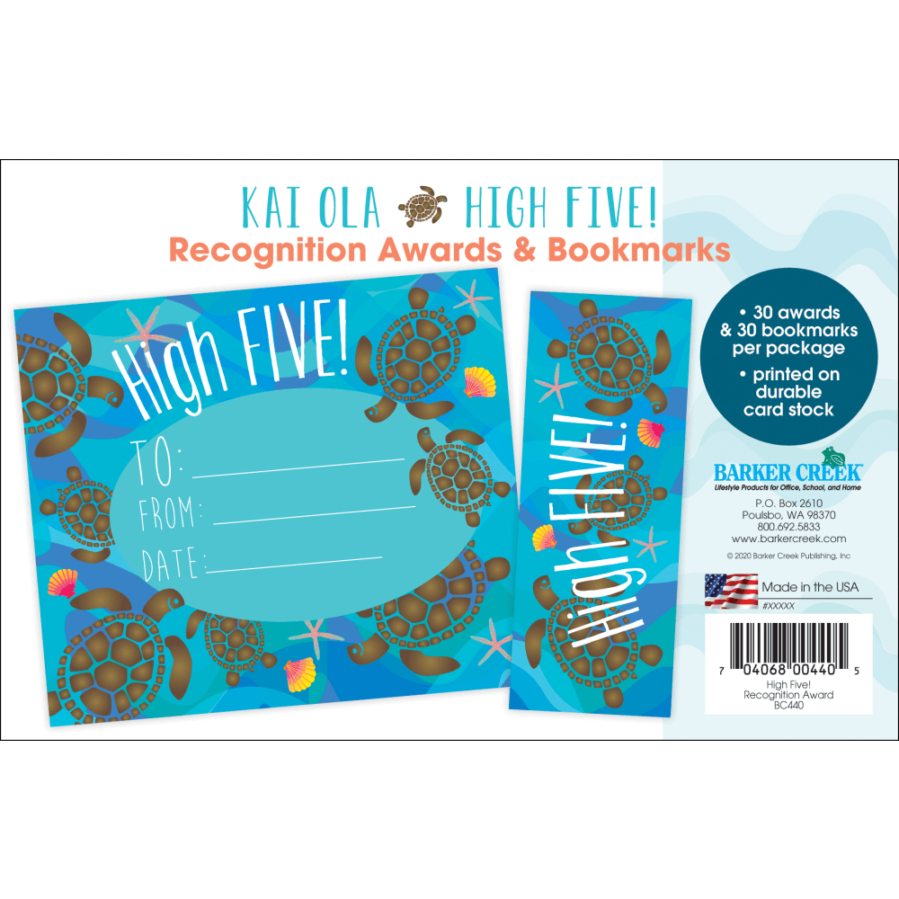 Barker Creek Kai Ola Awards & Bookmarks Set, High Five, 8-1/2in x 5-1/2in, Set Of 30