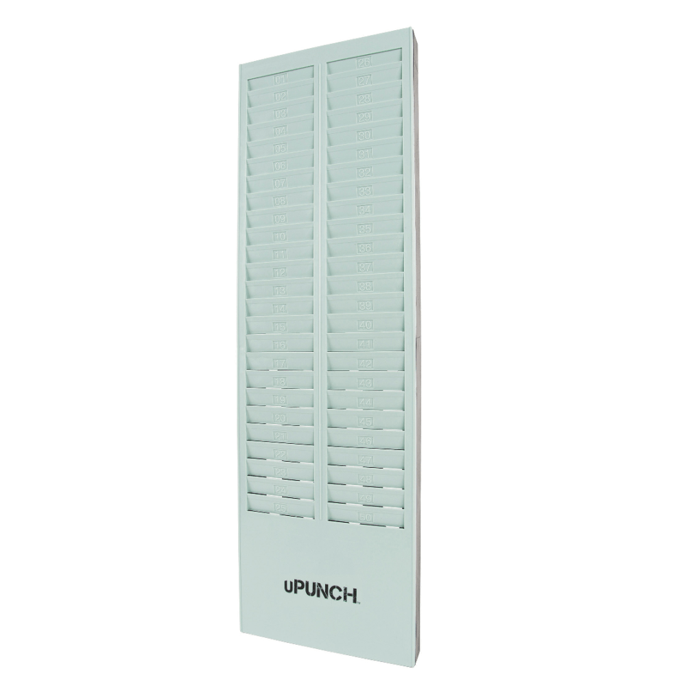 uPunch Time Card Rack, 50 Pockets, 27inH x 8.2inW x 1.4inD, Gray, HNTCR50