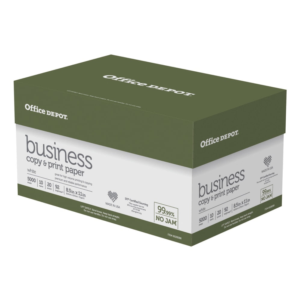 Office Depot Business Multi-Use Printer & Copy Paper, White, Letter (8.5in x 11in), 5000 Sheets Per Case, 20 Lb, 92 Brightness, Case Of 10 Reams