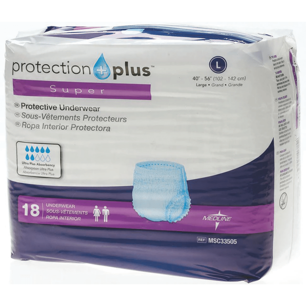 Protection Plus Super Protective Disposable Underwear, Large, 40 - 56in, White, 18 Per Bag, Case Of 4 Bags