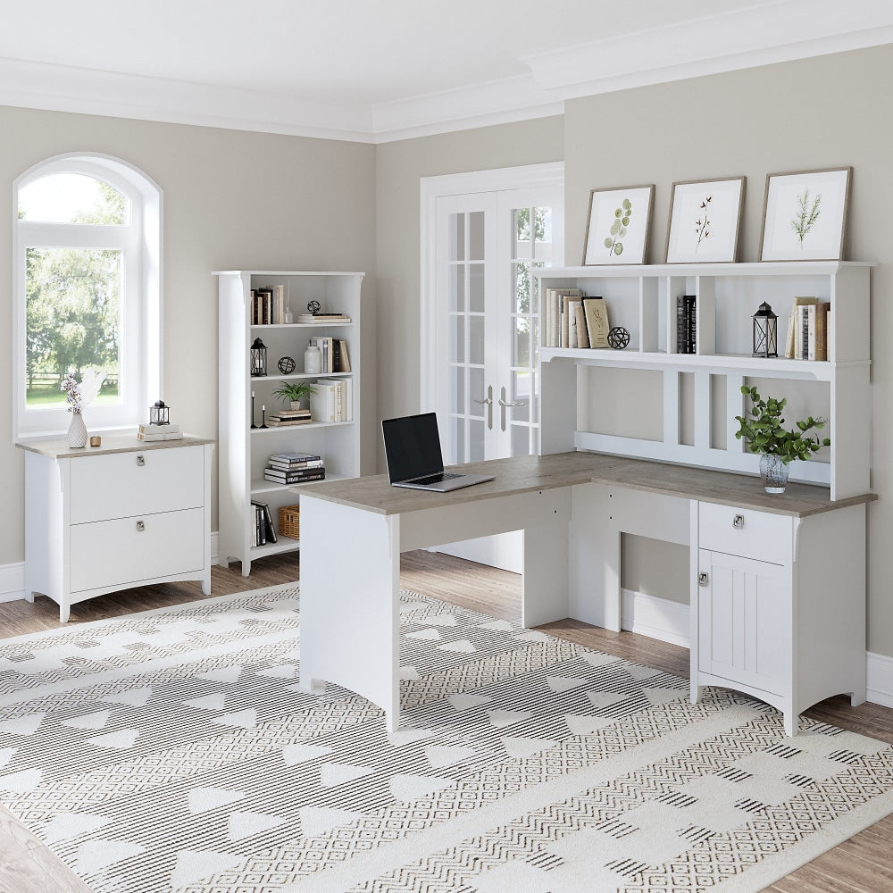 Bush Furniture Salinas 60inW Hutch For L-Shaped Desk, Shiplap Gray/Pure White, Standard Delivery