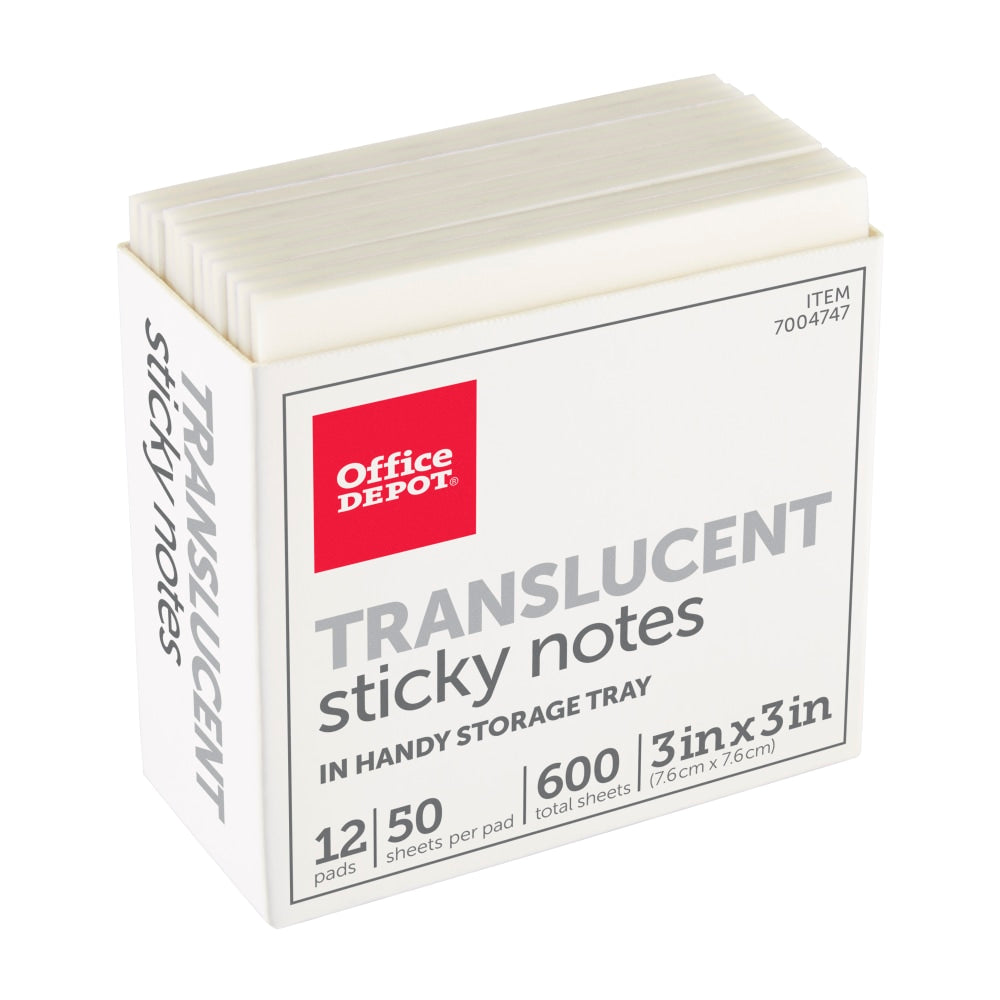 Office Depot Brand Translucent Sticky Notes, With Storage Tray, 3in x 3in, Clear, 50 Notes Per Pad, Pack Of 12 Pads