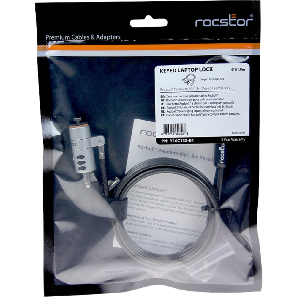 Rocstor Rocbolt Portable Security Cable With Key Lock and (2) Keys - Portable - Keyed Lock - Galvanized Steel, Nickel, Zinc Alloy - 6 ft - For Notebook, Desktop Computer, Docking Station, Monitor, Projector