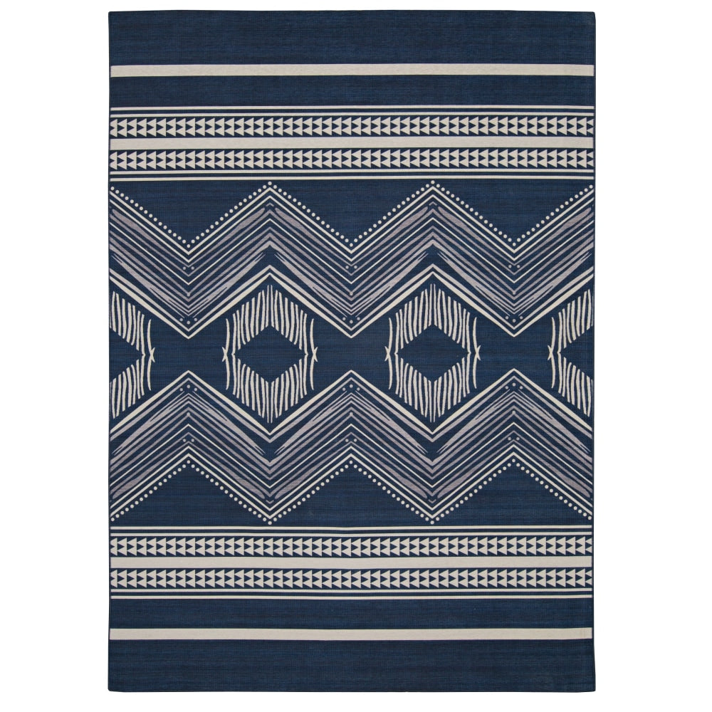 Linon Washable Outdoor Area Rug, Perilli, 7ft x 9ft, Navy/Ivory