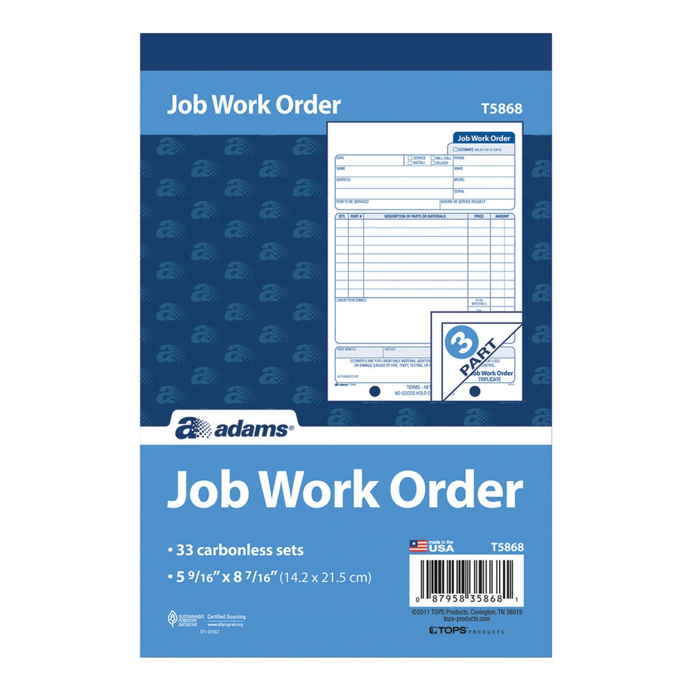 Adams Carbonless Job Work Order Book, 5 9/16in x 8 7/16in, 3-Part, White/Canary/White Tag