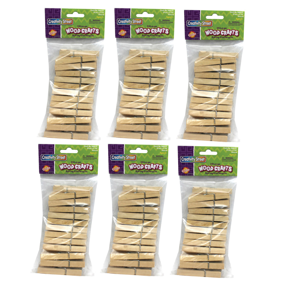 Creativity Street Spring Clothespins, 2-3/4in, Natural Wood, 24 Clothespins Per Pack, Case Of 6 Packs