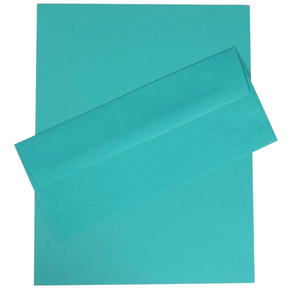 JAM Paper Stationery Set, 8 1/2in x 11in, 30% Recycled, Sea Blue, Set Of 100 Envelopes And 100 Sheets