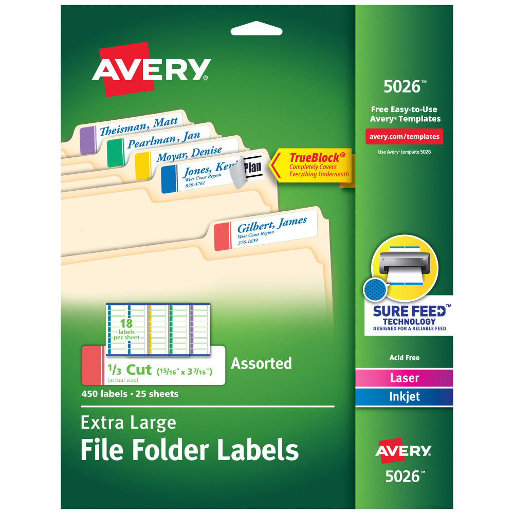 Avery TrueBlock Extra-Large Permanent Inkjet/Laser File Folder Labels, 5026, 15/16in x 3 7/16in, Assorted Colors, Pack Of 450