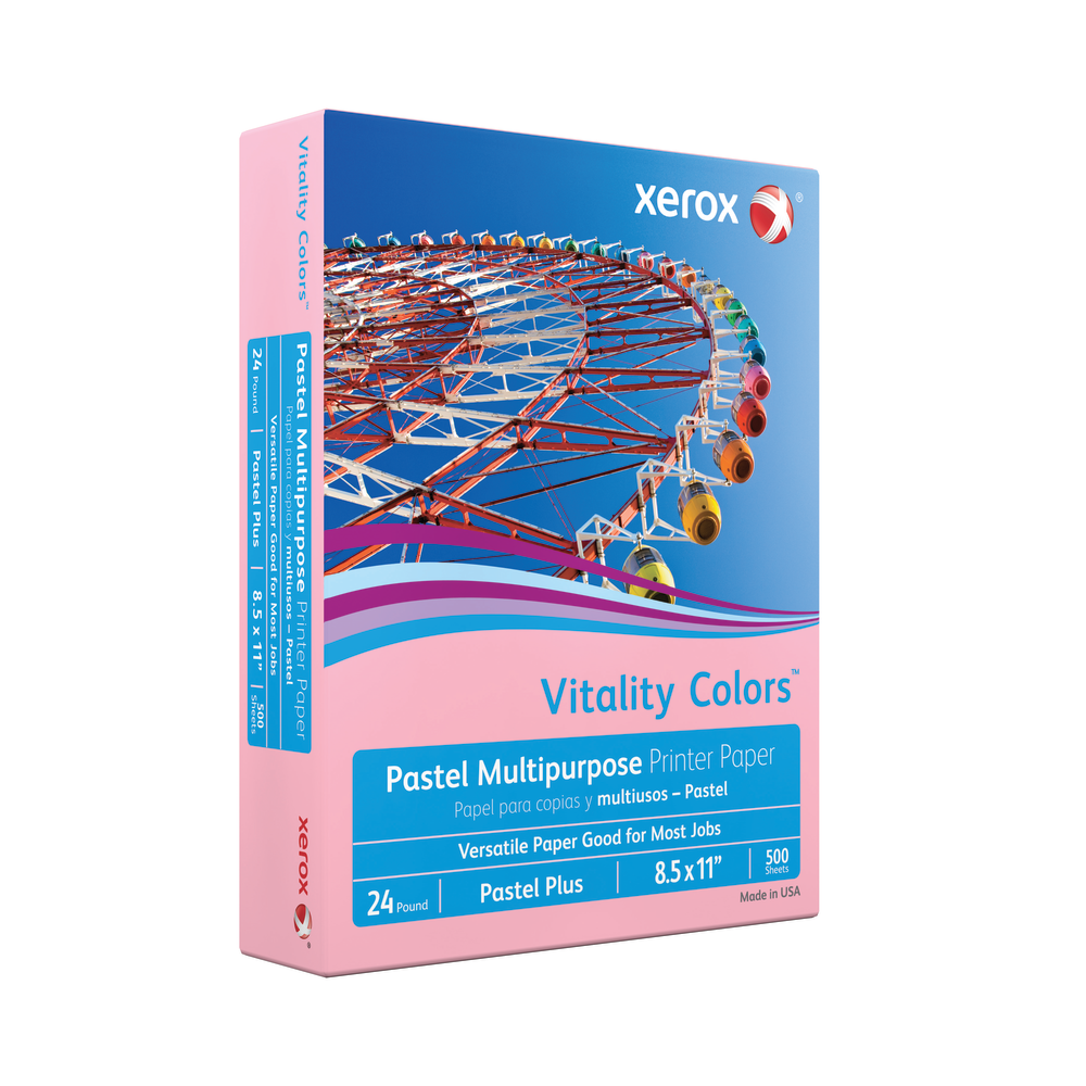 Xerox Vitality Colors Pastel Plus Color Multi-Use Printer & Copy Paper, Pink, Letter (8.5in x 11in), 500 Sheets Per Ream, 24 Lb, 30% Recycled