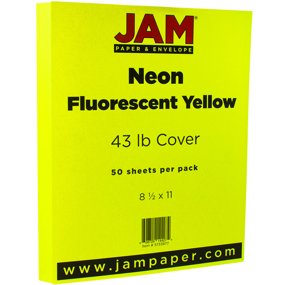 JAM Paper Card Stock, Neon Yellow, Letter (8.5in x 11in), 43 Lb, Pack Of 50