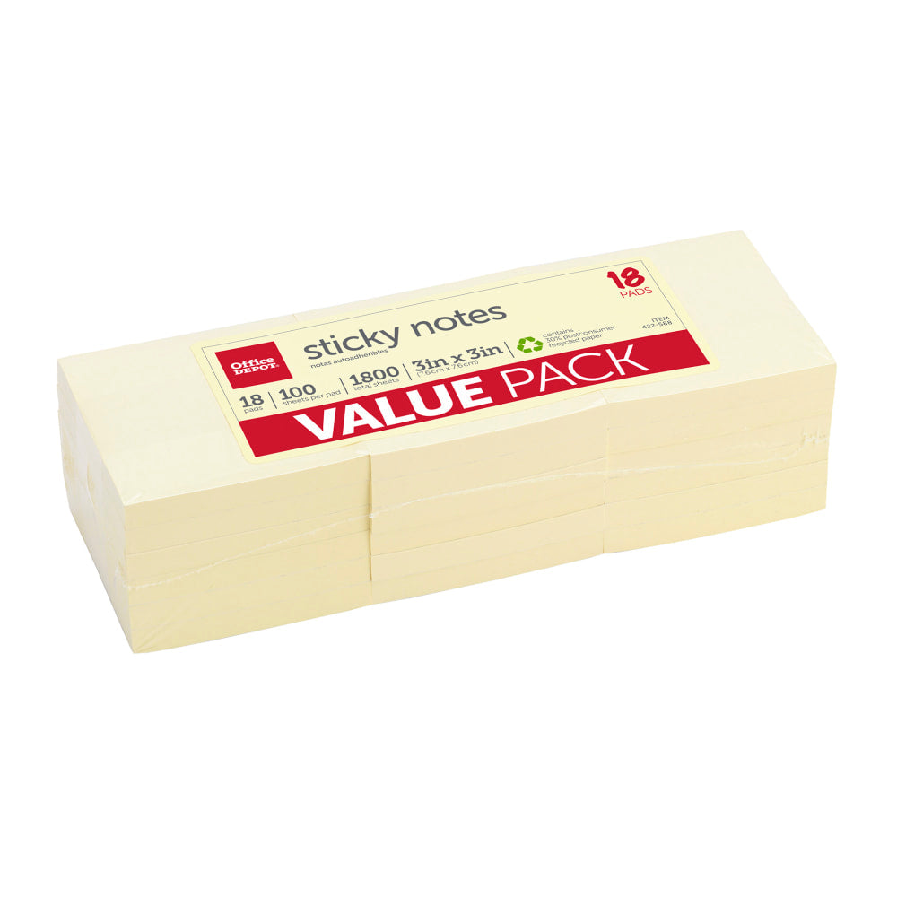 Office Depot Brand Sticky Notes Value Pack, 30% Recycled, 3in x 3in, Yellow, 100 Sheets Per Pad, Pack Of 18 Pads