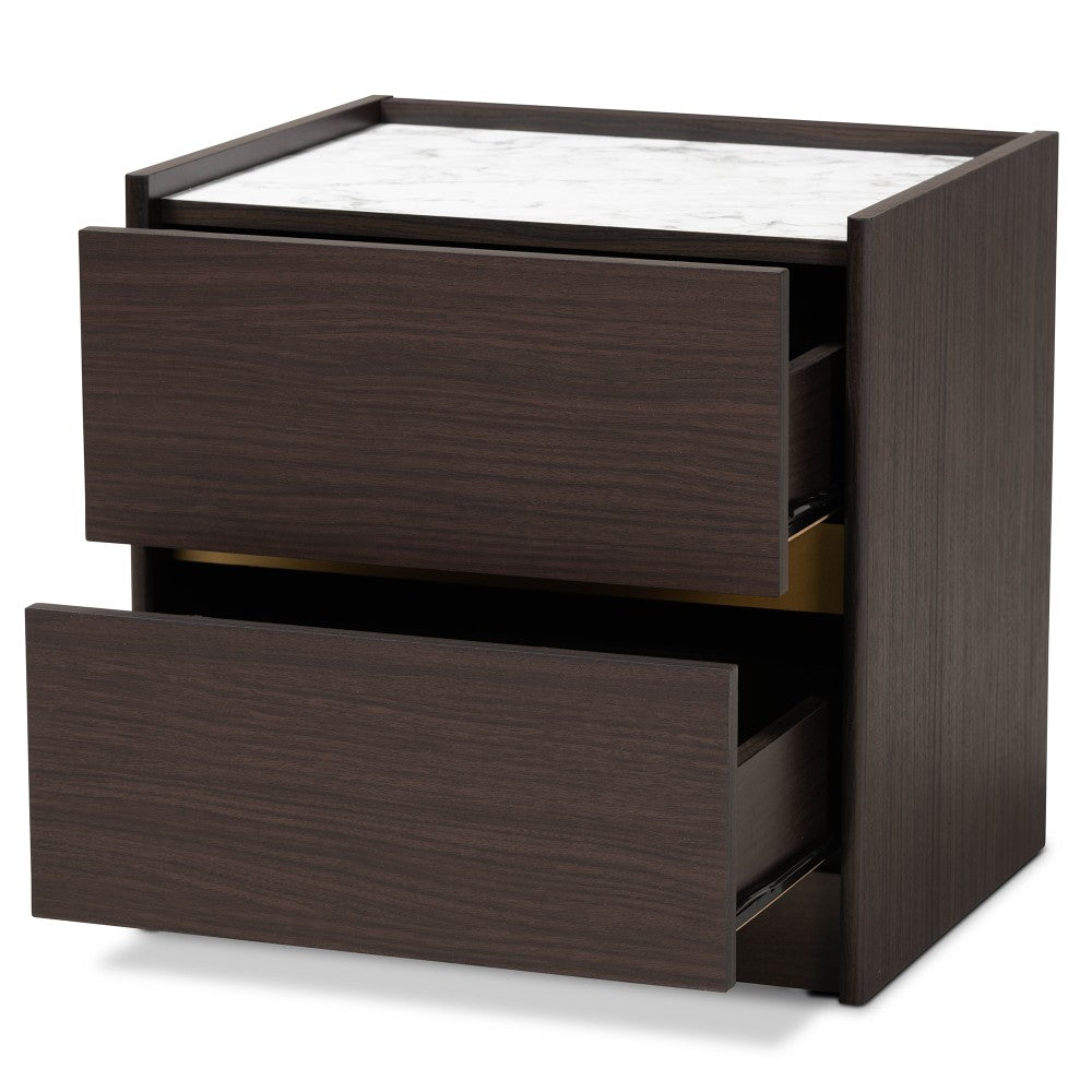 Baxton Studio Walker Nightstand With Faux Marble Top, 18-15/16inH x 18-15/16inW x 15-3/4inD, Dark Brown/Gold