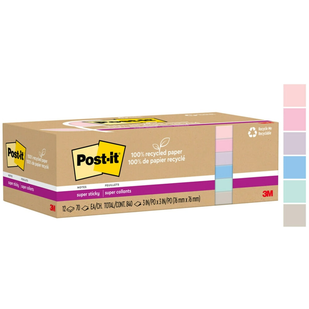 Post-it Super Sticky Recycled Notes, 3 in x 3 in, 12 Pads, 70 Sheets/Pad, 2x the Sticking Power, Wanderlust Pastels Colors, 100% Recycled