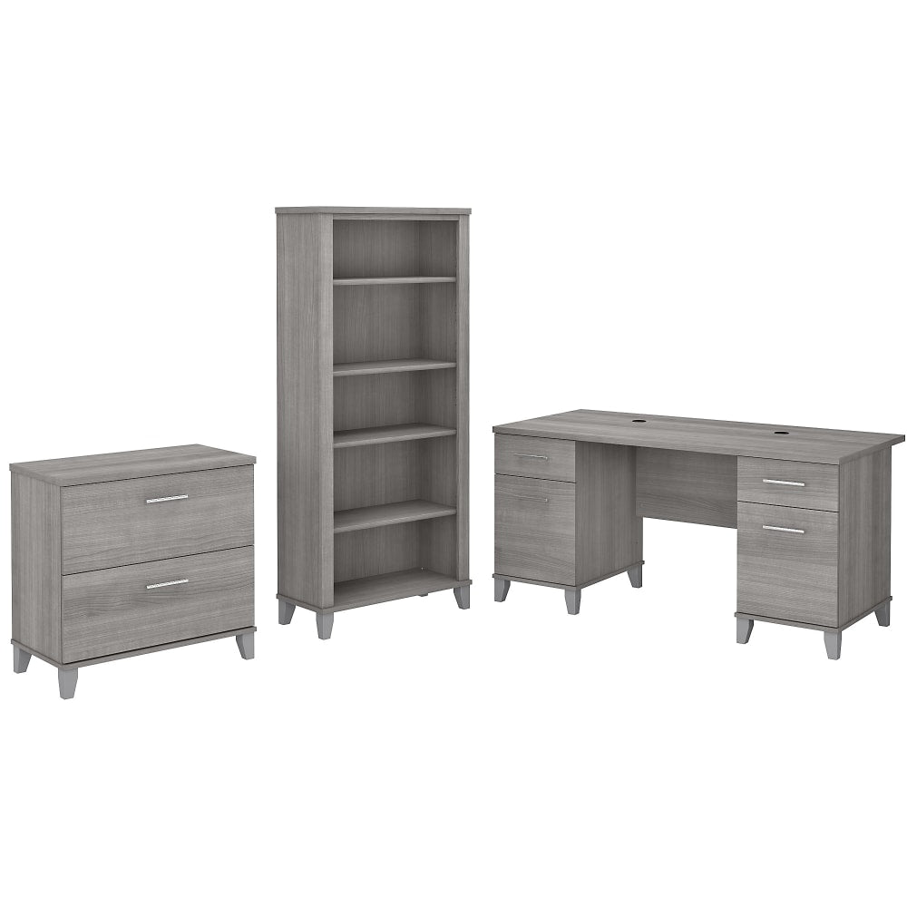 Bush Furniture 60inW Office Computer Desk With Lateral File Cabinet And 5-Shelf Bookcase, Platinum Gray, Standard Delivery